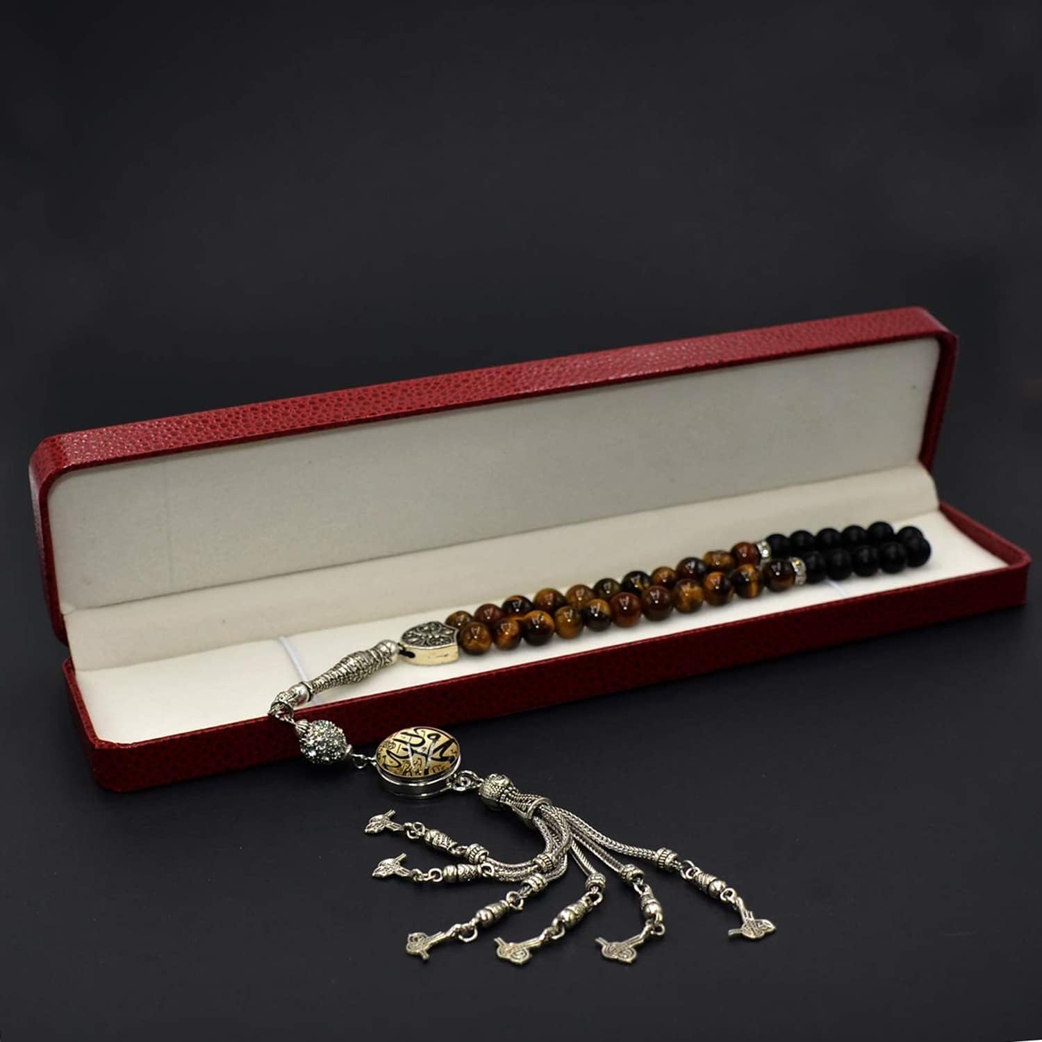 Design -Tiger Eye Stone Series Worry Beads - Prayer Beads (8 mm-33 Beads) Tesbih-Tasbih-Tasbeeh-Misbaha-Masbaha-Subha-Sebha-Sibha-Rosary (Model 2 - Cream Allah&Muhammed Snap Button)