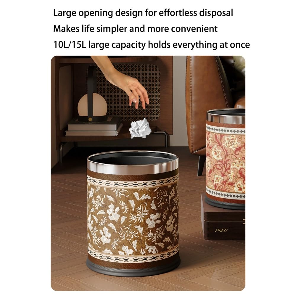 Decorative Metal Wastebasket with Removable Stainless Steel Ring, Double Layer Trash Can Leather Covered for Bathroom Kitchen Office(10L)