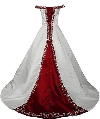 Kivary Silver Embroidery Beaded A Line Off Shoulder White Wedding Dresses