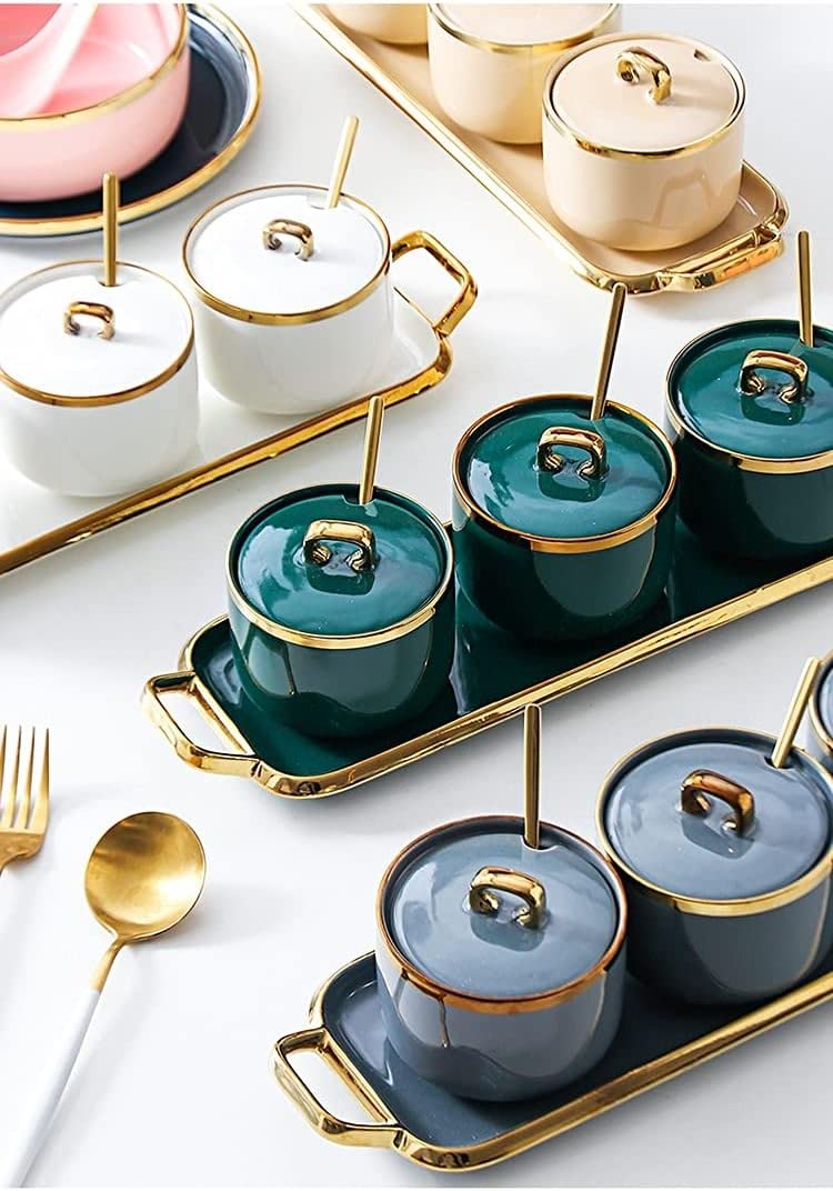 Keramik-Zuckerdosen, Gewürzdosen, Gewürzdose, Keramik-Lebensmitteldose, Vorratsdose mit Deckel, Löffel und Tablett für Tee, Kaffee-Weiß