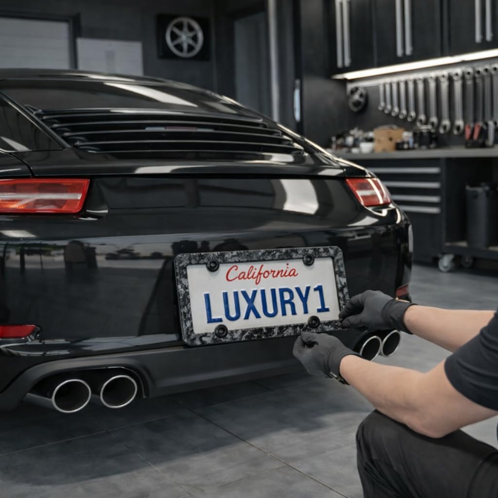 100% Real Carbon Fiber Car License Plate Frame with Slim 4 Holes & Black Screw Caps, UV Protection, Front Rear Universal Man Woman Fit USA Canada Mexico Standard Size tag Holder (Forged)