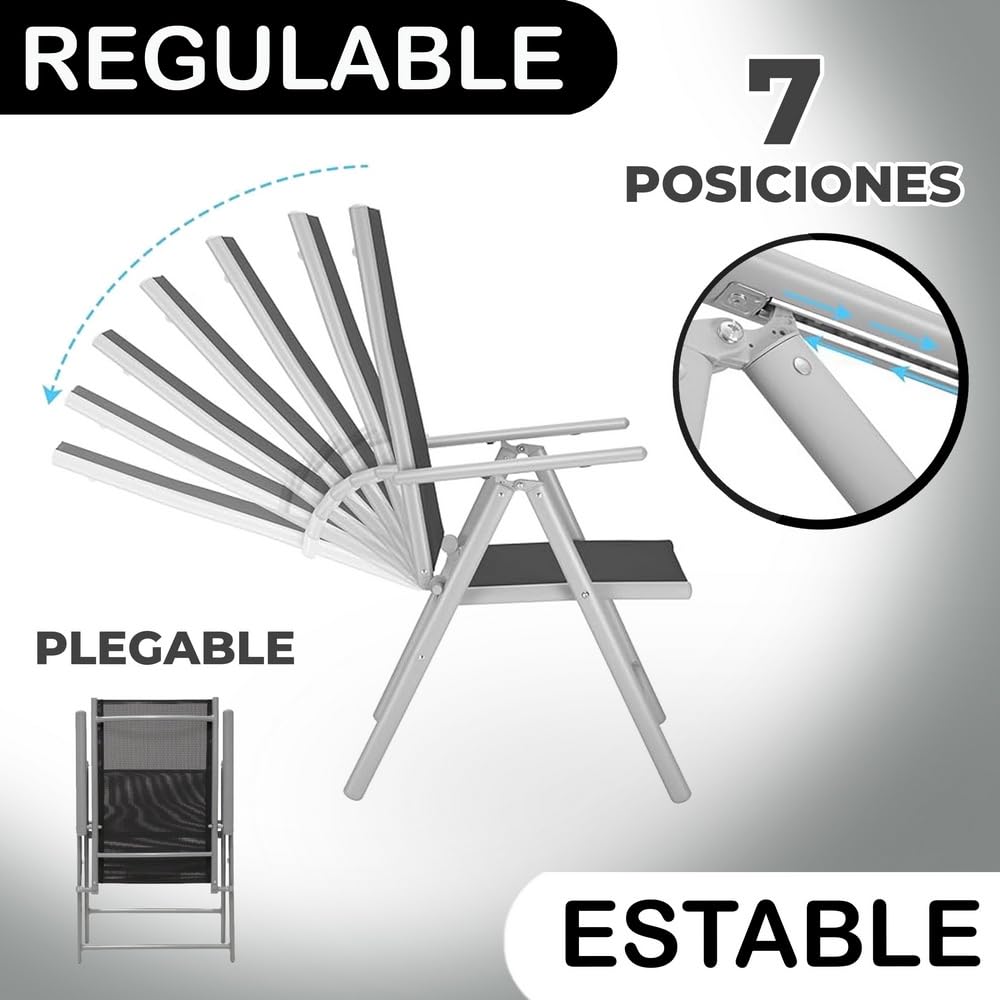 LOLAhome 2 sillas Camping jardín y terraza Plegables y reclinables de 7 Posiciones de Acero Gris con Epoxi anticorrosión y textileno Reforzado Negro