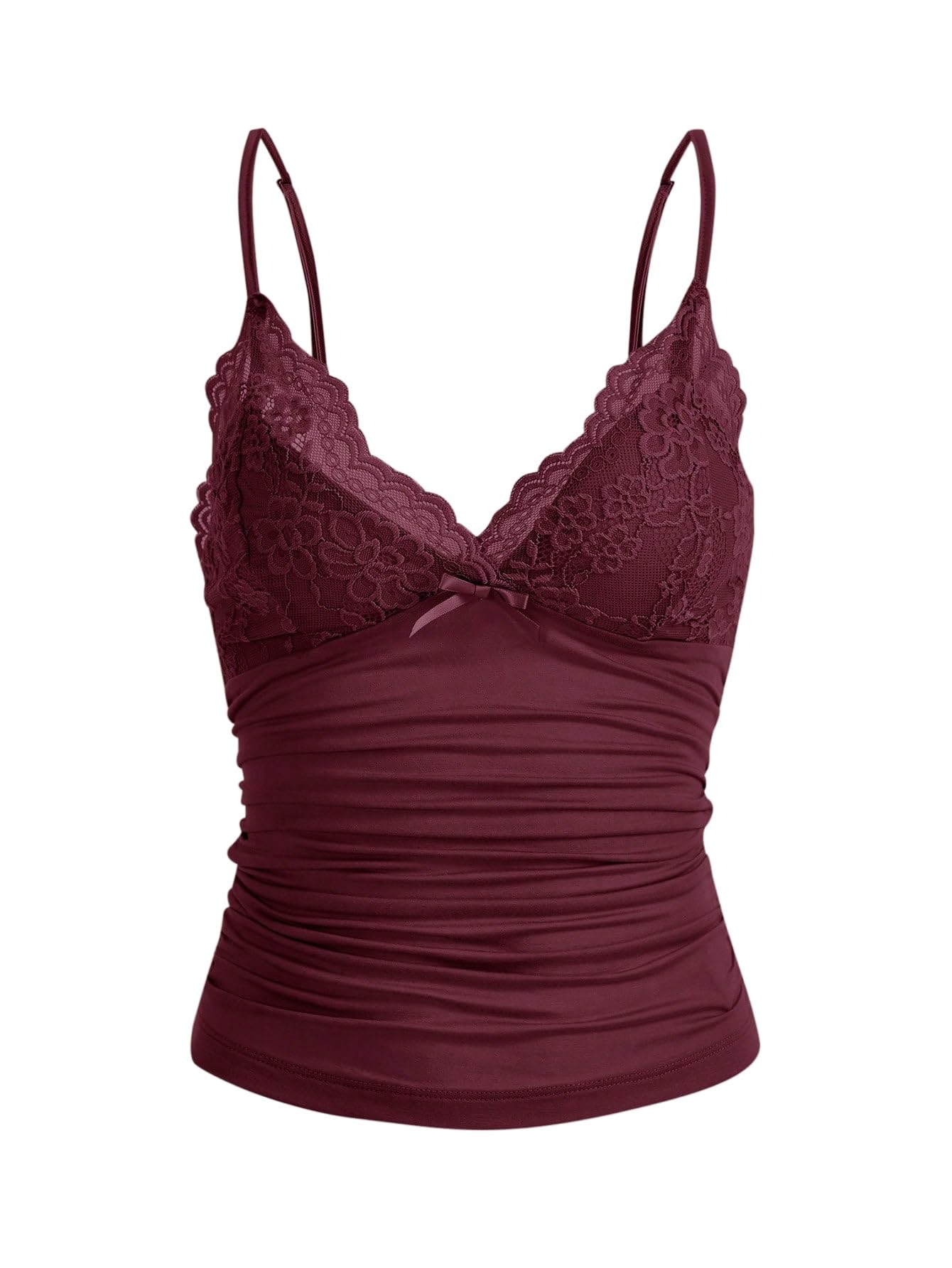 GORGLITTER Damskie ramiączka typu spaghetti Y2k Camisole Top Crop Top z dekoltem w serek z kontrastową koronką