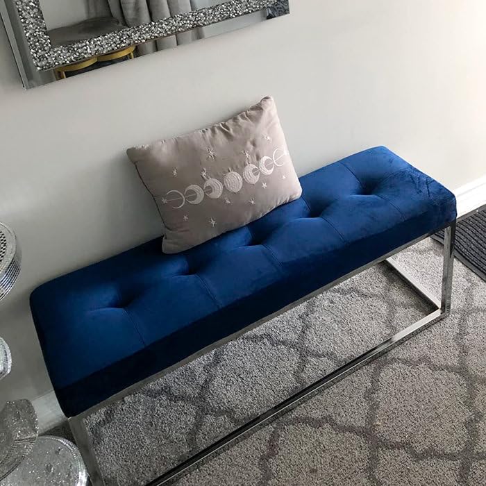Blue Velvet Tufted Bench with Silver Metal Frame, 39x12x17 in Blue Velvet Tufted Bench, Silver Metal Frame Ottoman, Contemporary entryway Seating, Modern Bedroom Furniture.-image-45