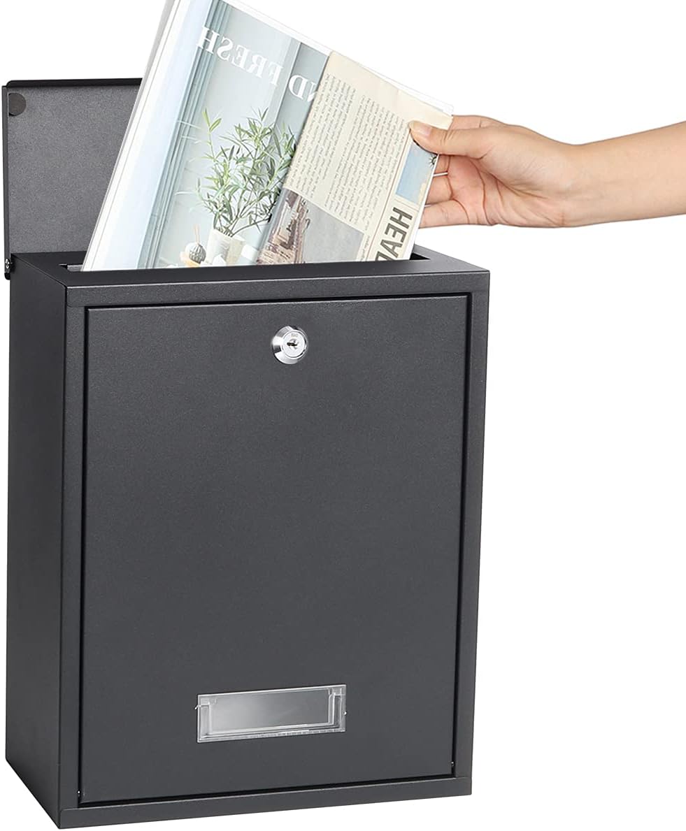Wall Mounted Mailboxes with Rust-Proof Cover, Outdoor Key Locking Mail Box, 12.6 x 10.24 x 4.21 Inch，Black Matt