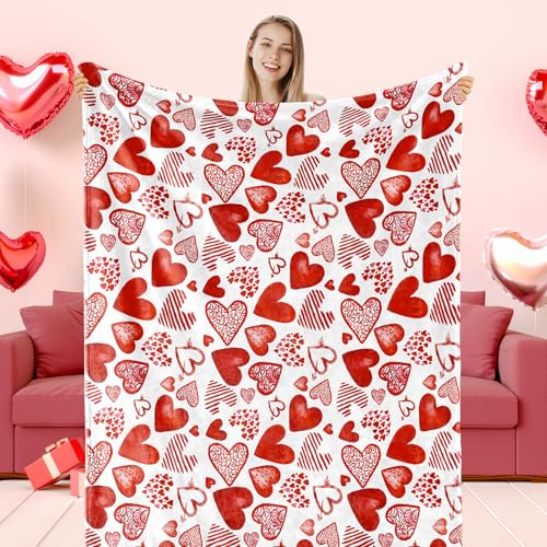 JarThenaAMCS Valentine's Day Fuzzy Blanket Red Love Heart Throw Blanket Watercolor Soft Cozy Flannel Blankets for Party Home Bed Sofa Couch Chair, 50 x 60 Inch