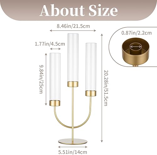 Miniatura 5 de Sziqiqi Candelabros Gold Candelabros Centro de mesa de candelabro de 3 brazos con huracán de vidrio para mesa de comedor chimenea - Portavelas