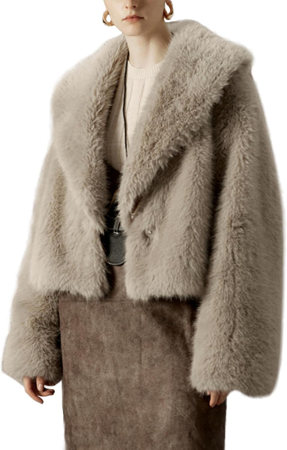 Women Faux Fur Jacket Fluffy Fleece Coat Short Cropped Long Sleeve Lapel Button Dow...