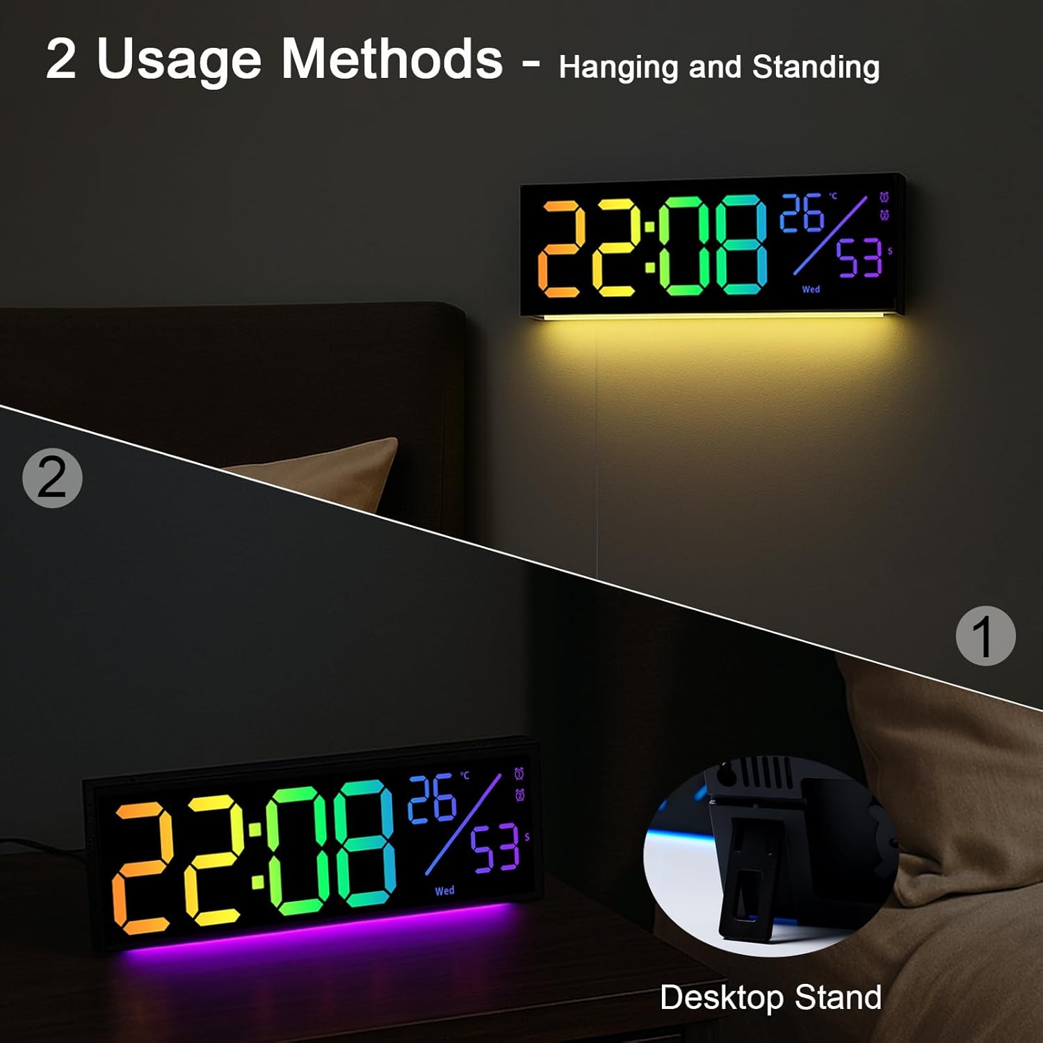 JoFomp 12" RGB Color LED Digital Wall Clock with Remote Control, Seconds Display, Plug-in Digital Alarm Clock with Auto Brightness, DST, Temp, Digital Clock for Living Room, Bedroom, Classroom, Office