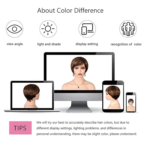 Miniatura 5 de Poditom Pelucas cortas de cabello humano para mujer, mezcla de rubio castaño, peinados cortos, pelucas onduladas naturales, pelucas de pixie de