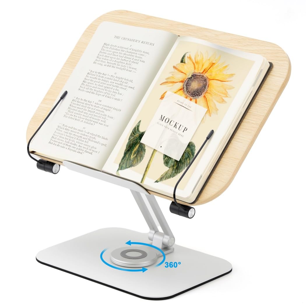 Supporto per libri regolabile in altezza con clip per pagina, supporto ergonomico in lega di alluminio per tablet, fogli musicali, libri di cucina e libri di testo