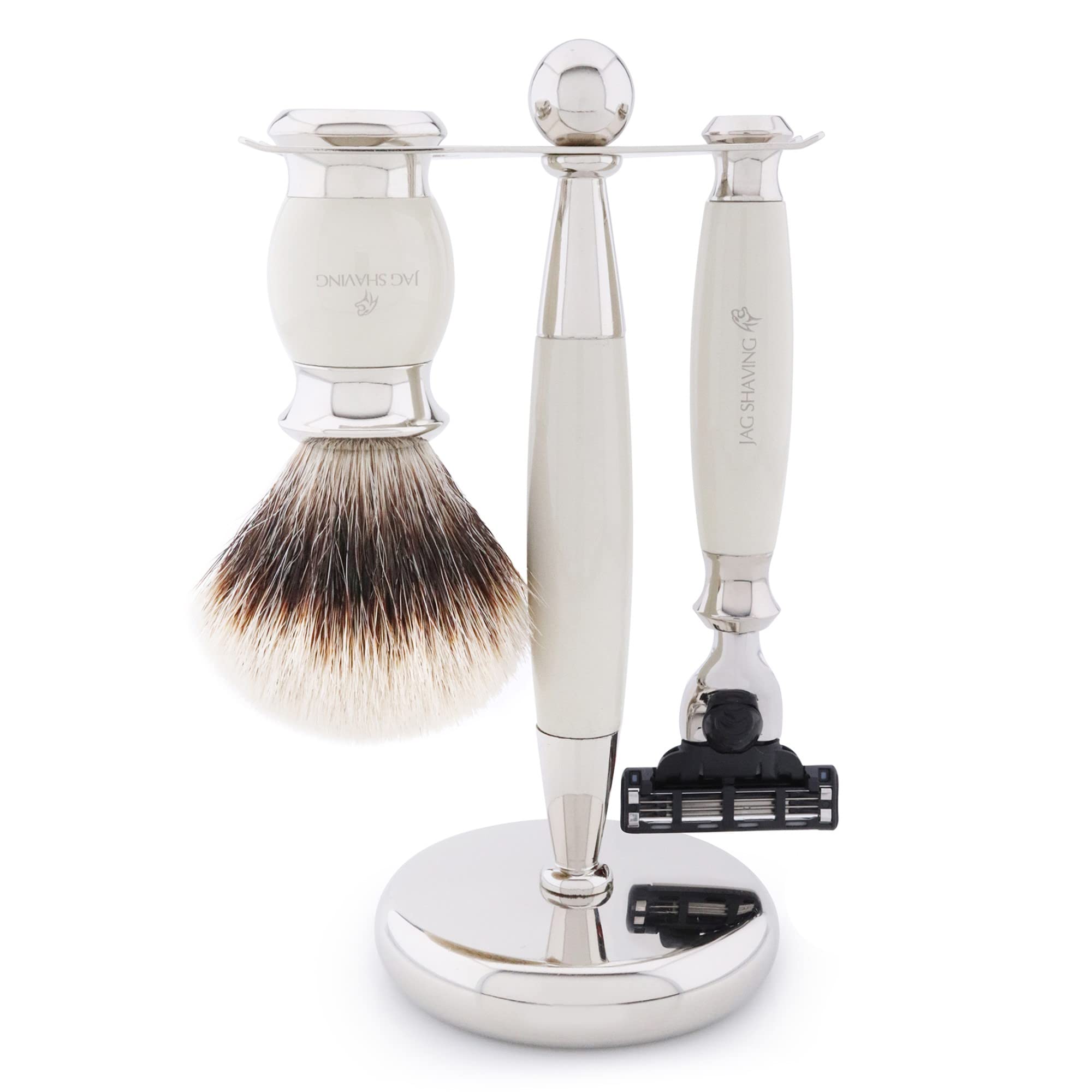 Jag Shaving Zestaw do golenia – 4-częściowy zestaw do golenia – JAG's LEE Range – szczotka do golenia z włosia borsuczego – 3 krawędzie ostrza do golenia – miseczka do golenia – stojak do golenia, zestaw upominkowy w kolorze kości słoniowej