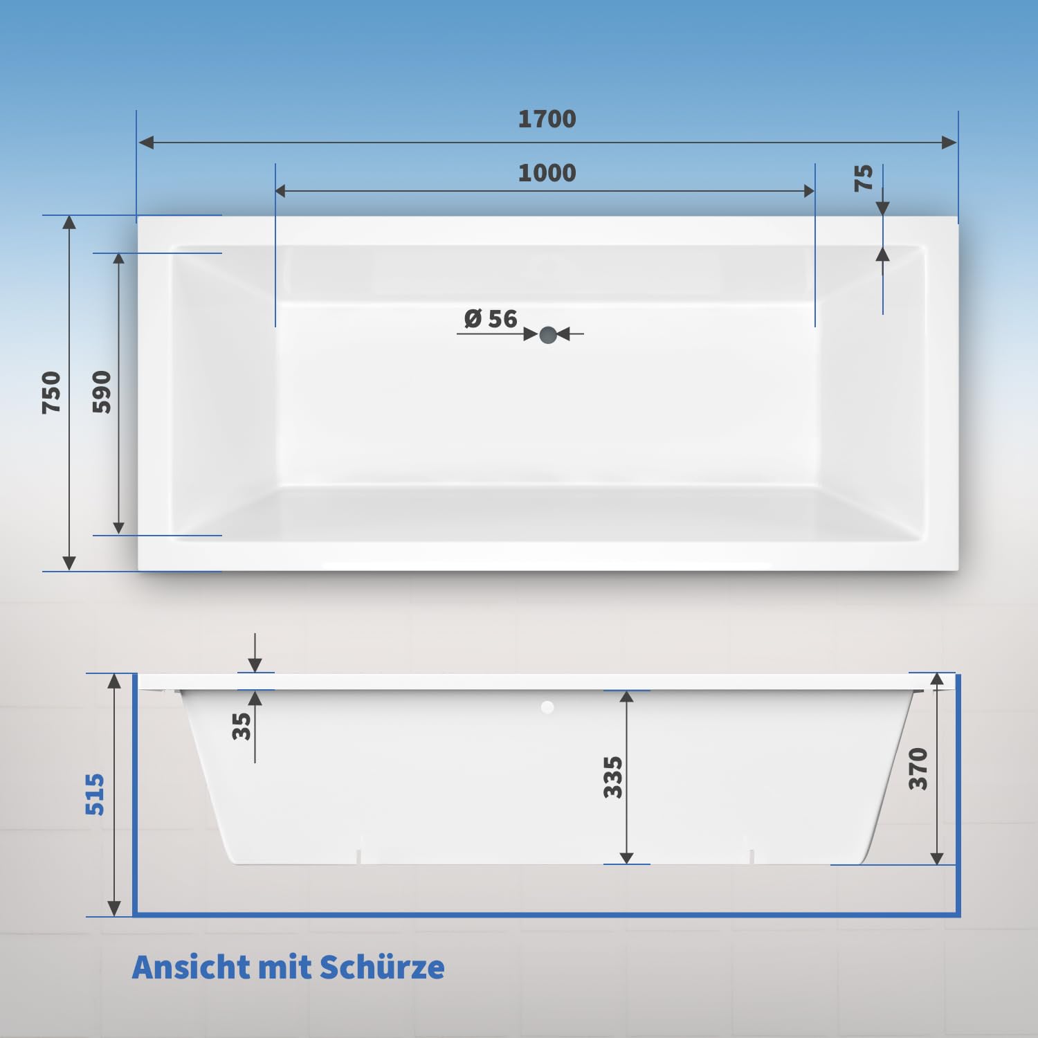 AQUADE Acryl Badewanne 170x75 Modell: Neu Ulm - Weiß Badewanne Komplettset 170x75 - Badewannen mit Wannenfüßen + Schürze + Wannenrandarmatur + Nackenkissen