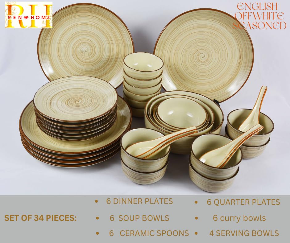 Image of Ceramic Dinner Set of 34 Pieces- English Offwhite Seasoned | Pottery Crockery Set| Bone Ash Free,Food Grade,Chipproof Handpainted Stoneware Ceramic Set