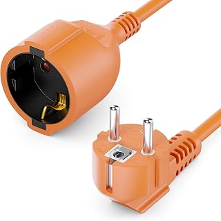 deleyCON 2m Kabel Przedłużający Zasilający, Wtyczka z Bolcem Typ F (CEE 7/7) 90° Kątowa na Gniazdo (CEE 7/3), Ochrona Przed Dotykiem, TV PC Komputer Projektor – Pomarańczowy