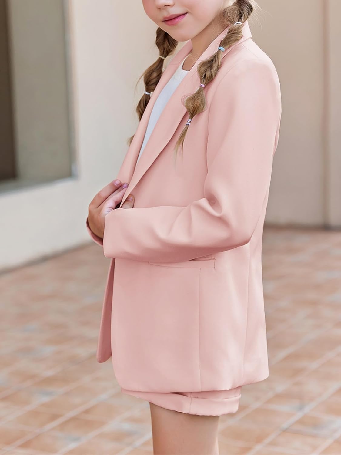 Batermoon Girls 2 Piece Outfits Button Front Long Sleeve Blazer and Short Pants Suit Sets 4-14 Years - Image 4