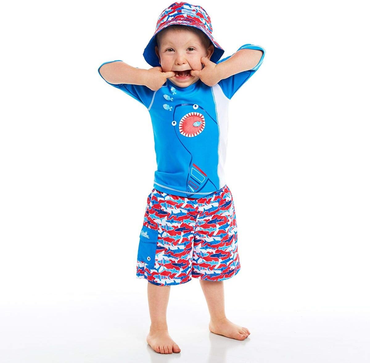 UV SKINZ Boys 3-Piece Swim Set with UPF 50+ Long Sleeve Rash Guard, Swim Shorts & Hat (7, Blue Sharks)