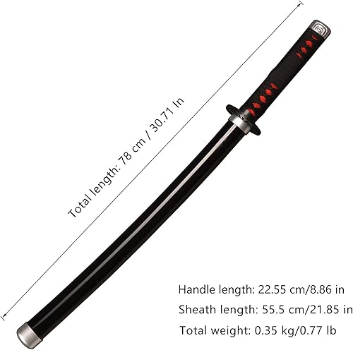 Miniatura 2 de Espadas Katana de anime de madera para cosplay, espada Samurai Tanjirou, espada Demon Slayer, cuchillo de rueda solar, color negro, 30.0pulgadas