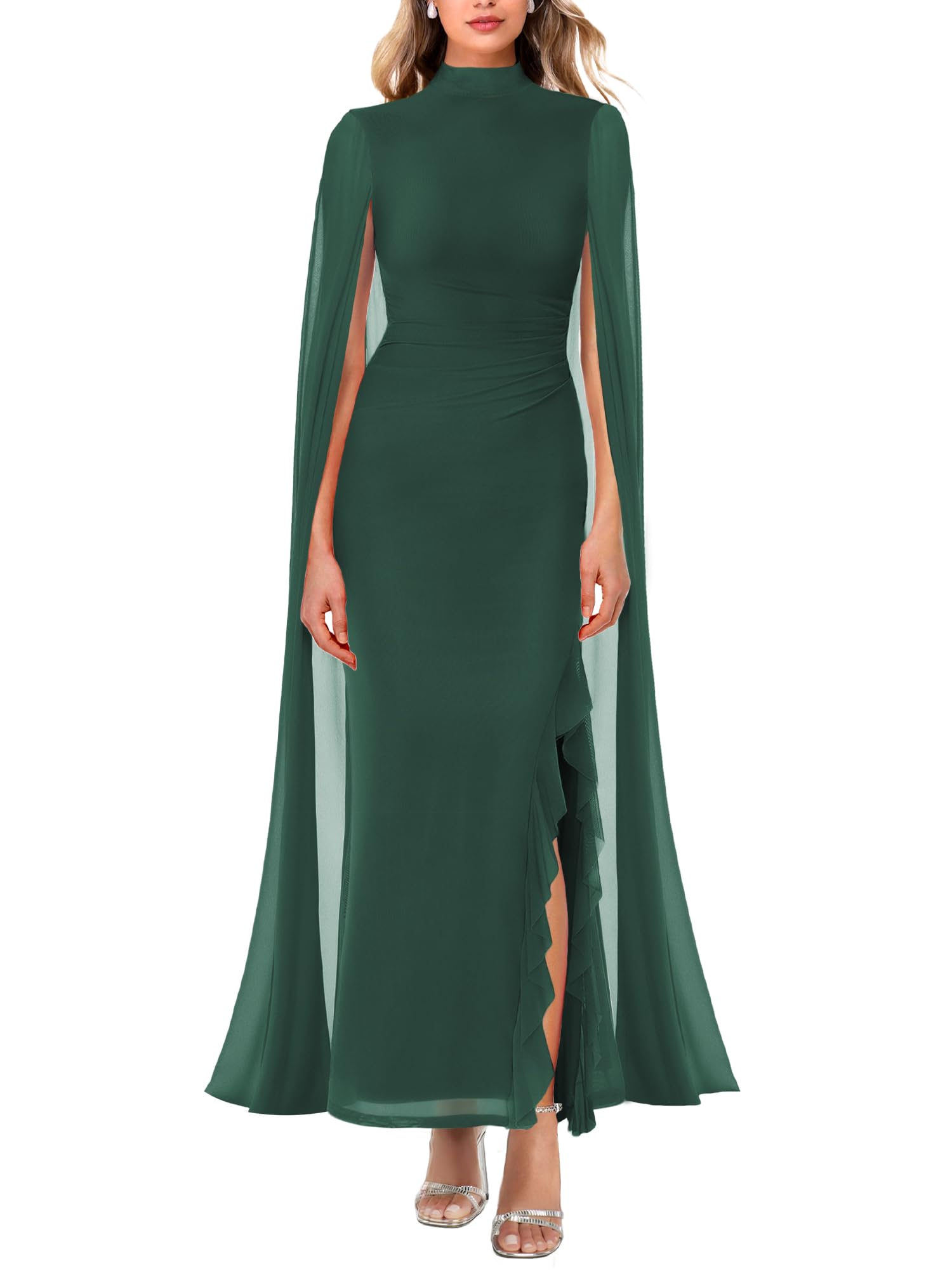 Photo 1 of Lrady Women's Wedding Guest Dress Evening Gowns High Neck Formal Cocktail Party Maxi Bodycon Dresses with Cape Sleeve, Dark Green, X-Large