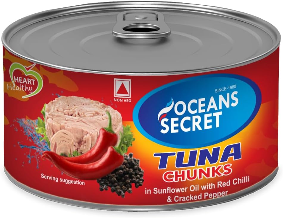 Oceans Secret Tuna Chunks in SunflowerOil with Chilly&Pepper 180gm Pack of 1 Canned Tuna Fish | Balanced Nutrition, Spicy Pepper Flavor, in Sunflower Oil with Chilli & Pepper, Ready to Eat