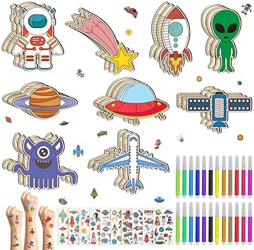 67Pcs Outer Space Unfinished Wooden Cutouts, Wooden Crafts Planes Star Wood Pieces for Kid Home Decor Ornament DIY Craft Art Project