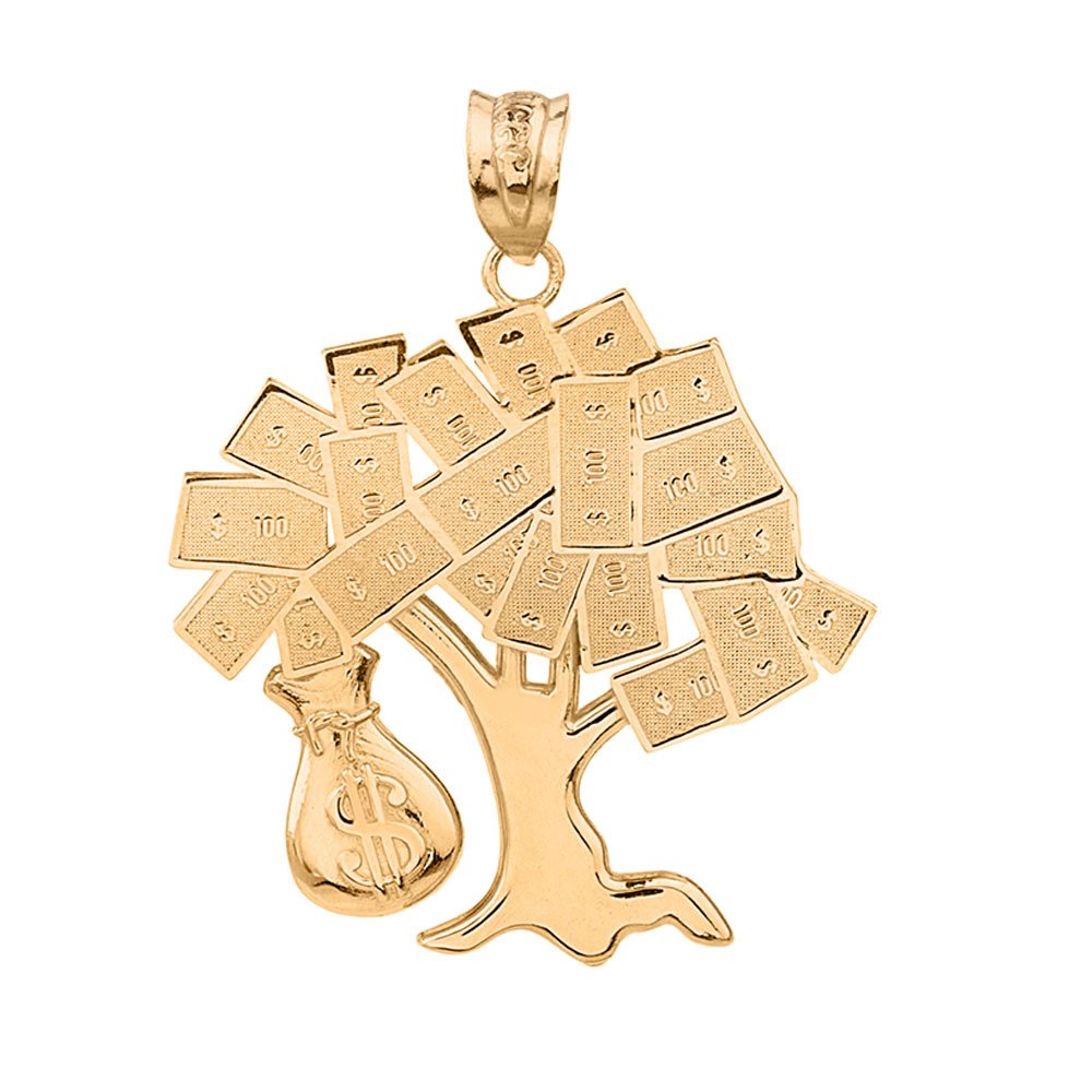 Solid 14k Yellow Gold USD Dollar Money Bag Treasure Tree Pendant