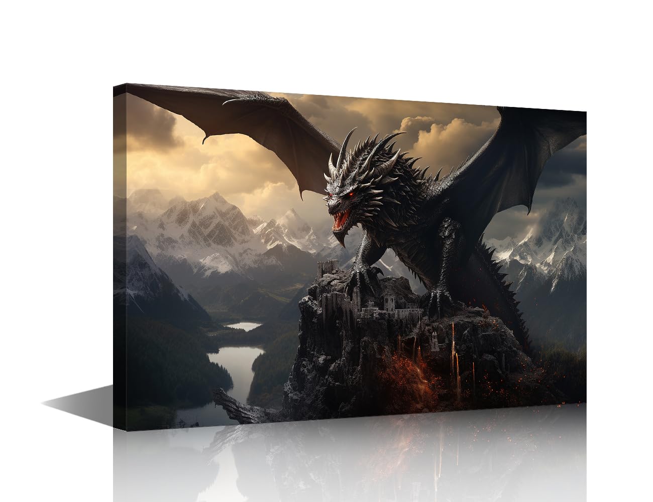 TUMOVO Canvas Wall Art for Bedroom Winged Dragon Wall Paintings for Living Room Dragon Roar Office Modern Wall Art Mountain Pictures Print On Canvas Giclee Framed Ready to Hang, 24x16in