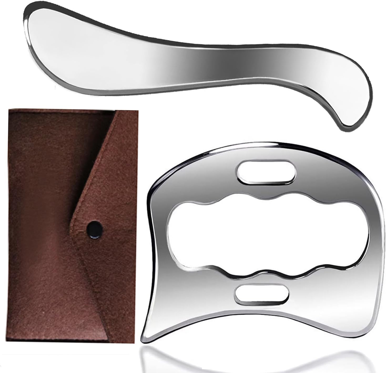 2 x Guasha Stainless Steel Scraper Massage Tool, Muscular Fascia Scraper, Body Guasha Tools, Scraping Massage Tools for Muscle Relaxation, Improve Fascia Knots (with Storage Bag)