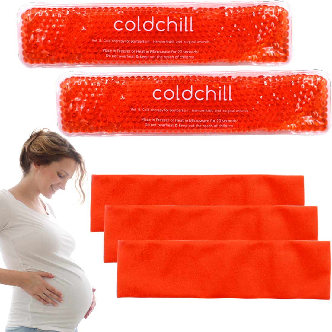 Reusable Perineal Ice Packs for Postpartum & Hemorrhoid Pain Relief, hot & Cold Pack for Women After Pregnancy, 2 Ice Packs and 3 Covers.(Orange)