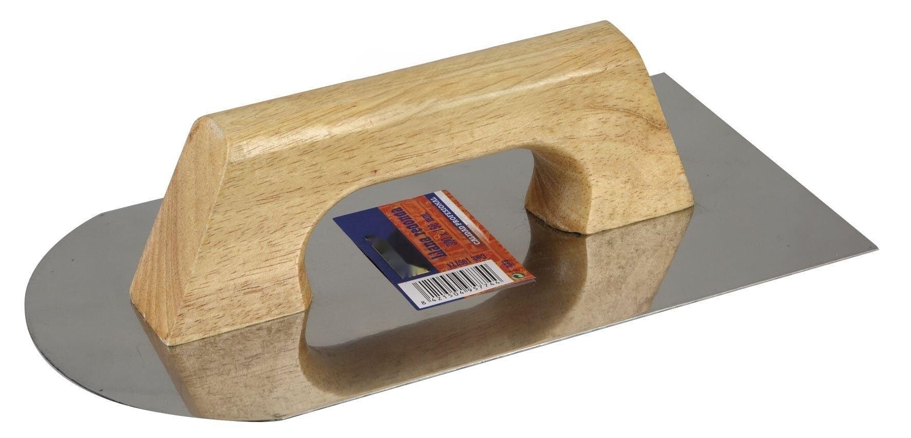 Llana media luna de acero inoxidable 300x150 mm, ideal para alisar superficies y acabados en trabajos de construcción y reformas.