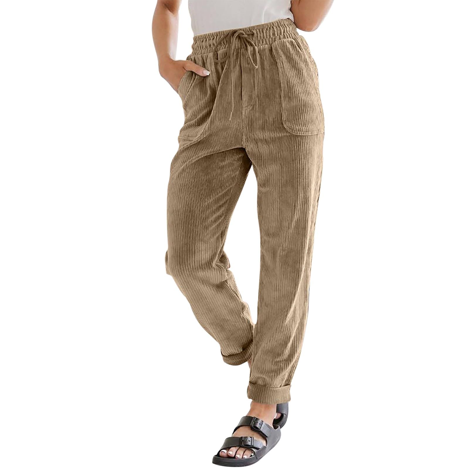 Vintage Corduroy Pants Women Baggy Drawstring Elastic Waist Pants Casual Comfy Work Pants Loose Fit Straight Leg Pants
