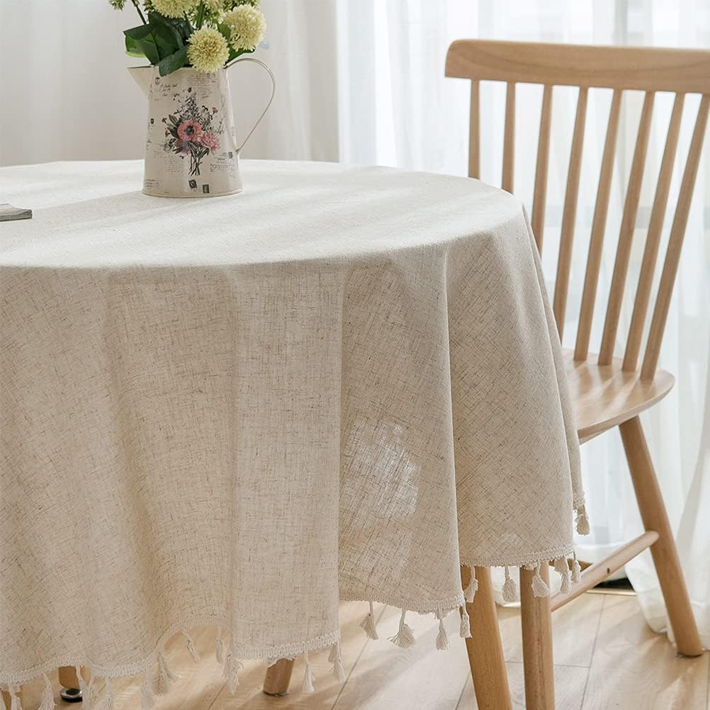 Aothpher Solid Color Round Tablecloth with Tassels Cotton Linen Table Cover for Kitchen Dining Farmhouse Tabletop Decoration (Round 60 Inch, Neutral)