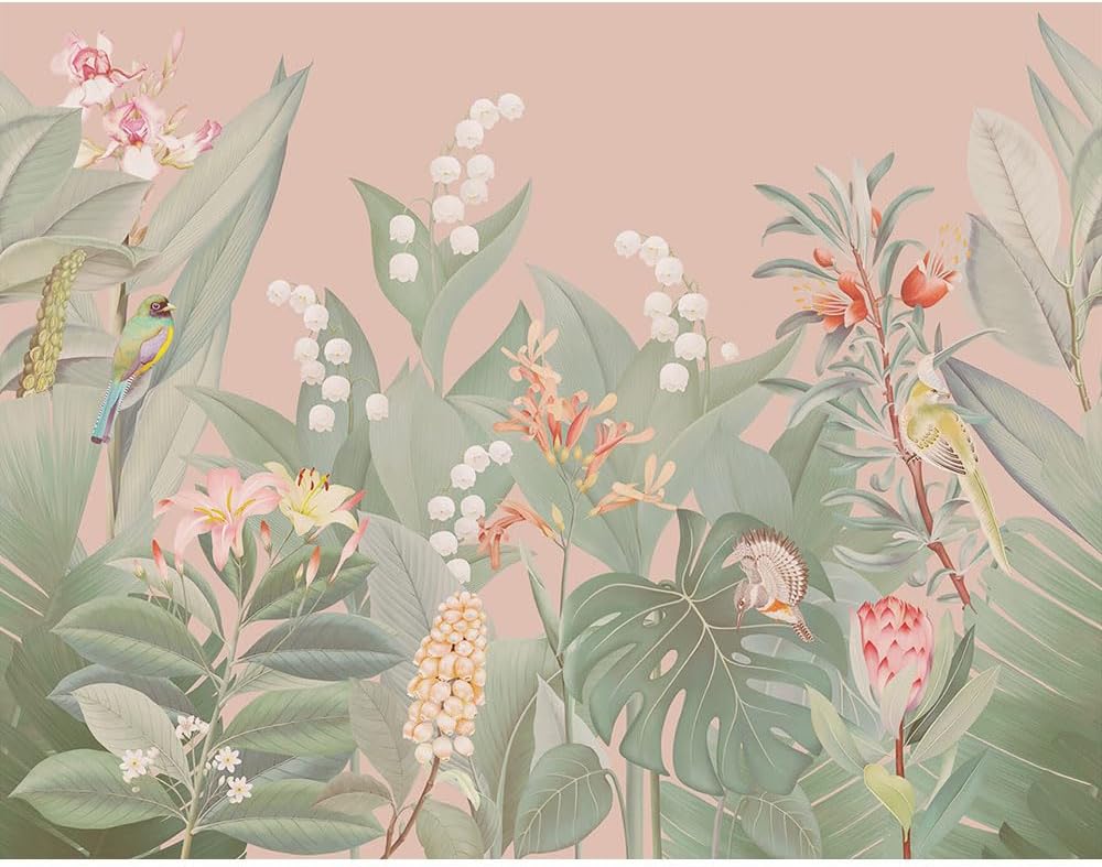 Vibrant Tropical Wall Mural - Lush Green Leaves, Colorful Flowers & Exotic Birds - Botanical Jungle Theme Peel and Stick Wallpaper Mural