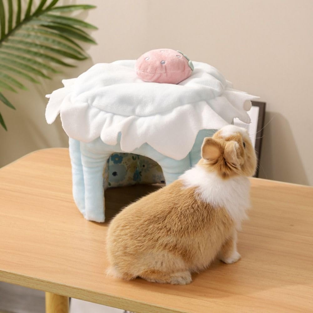 Cute Cake Cartoon Hamster Warm Nest Home Decoration, Strawberry Design Hamster Shelter House for Ferret Rat Guinea Pig(Blue)