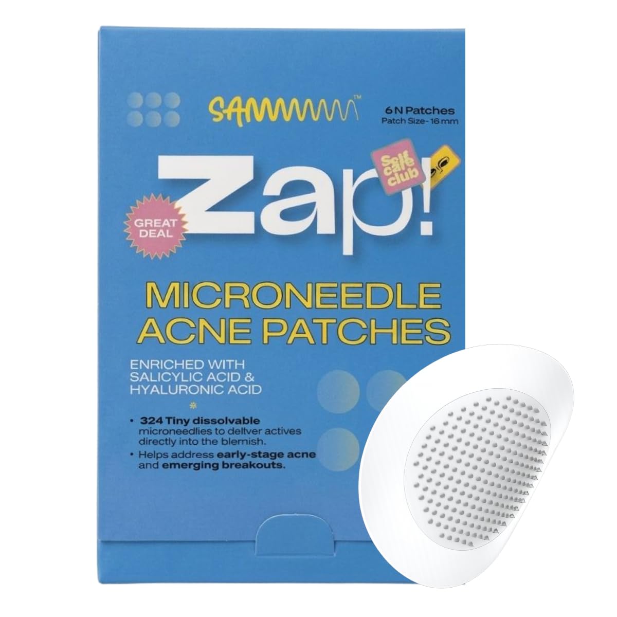 Sammmm Zap! Microneedle Acne Patches | Salicylic Acid, Hyaluronic Acid, Centella | 324 Dissolving Microdarts | Overnight Spot Treatment for Active Acne, Pimples, Redness & Breakouts | 6 Patches-image-38