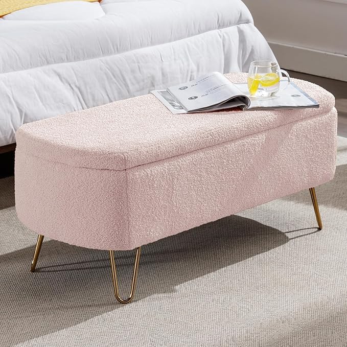 Image of Sudwesto Modern Storage Ottoman Bench, Vintage Boucle Upholstered Entryway Bench, End of Bed Bench with Gold Legs, Padded Bench with Storage for Living Room, Bedroom, Entryway (Pink)