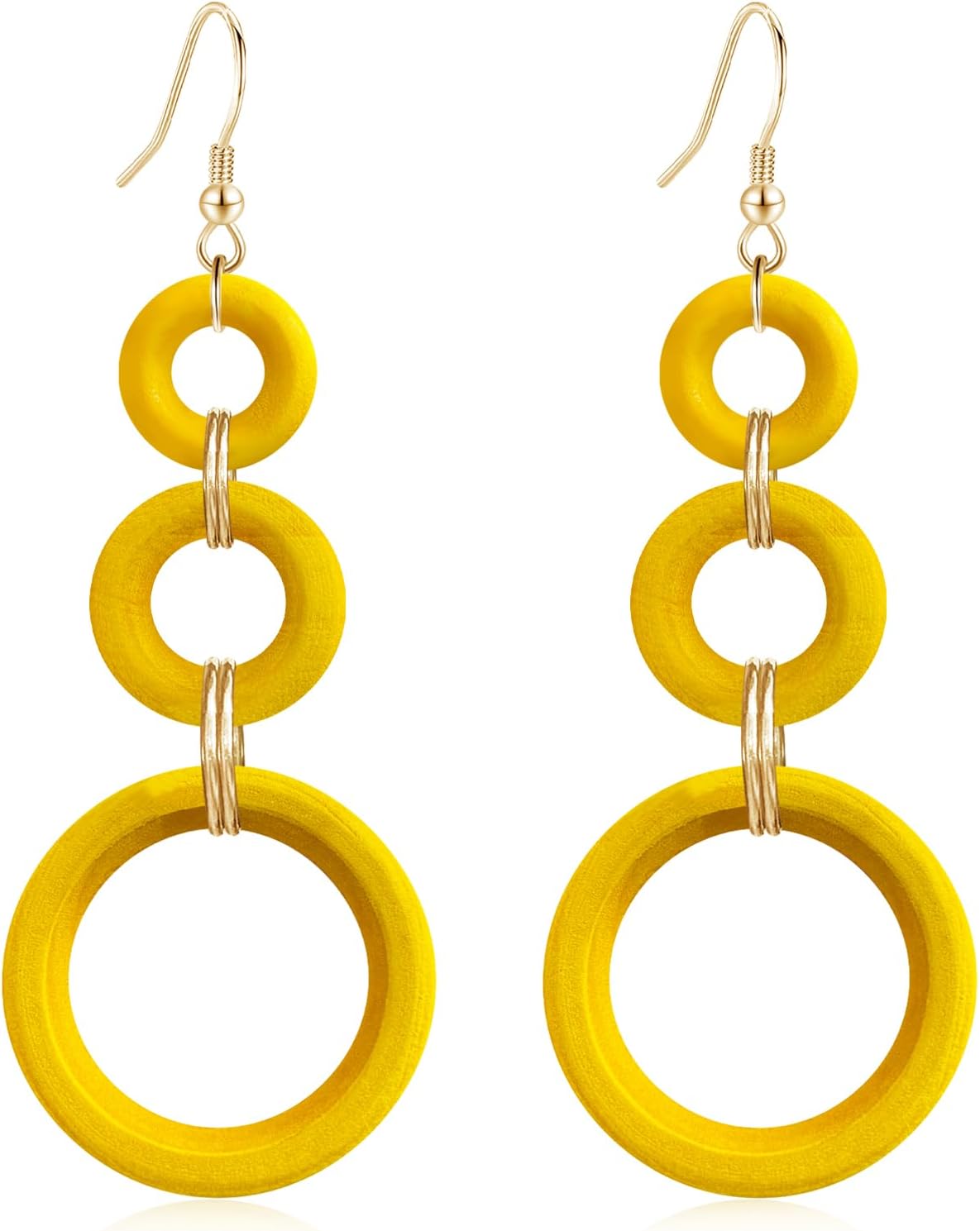 Bohemian Handmade Natural Wooden Circle Round Hoop Splicing Hook Earrings Lightweight Retro Colorful Long Wood Geometric Dangle Drop Earrings for Women
