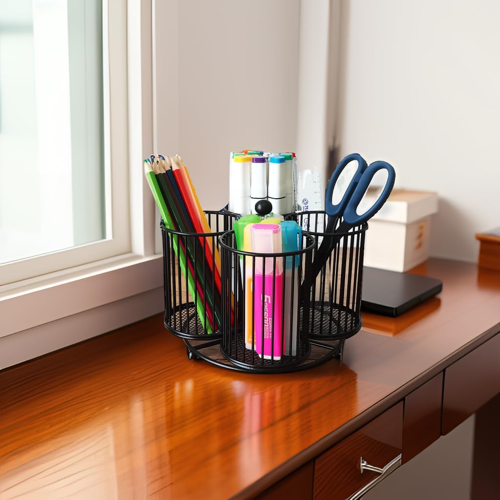 Schwarzer Stifthalter, um 360 Grad drehbarer Stifthalter für Schreibtisch-Organizer, starkes Metall, 4 Tassen, großes Fassungsvermögen, Schreibtisch-Organizer für Büro, Schule, Zuhause,