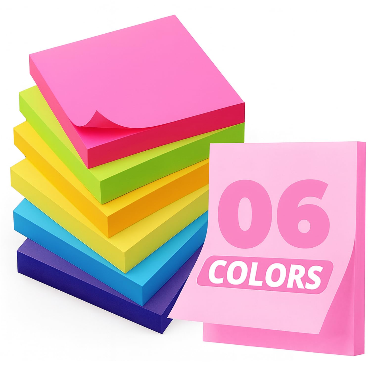 Sticky Notes – 6 Bright Colors Self-Stick Pads, Recyclable Super Sticking Power Pads Strong Adhesive | Extra Sticky Notes For Office, Home, School 100 Sheets/Pad
