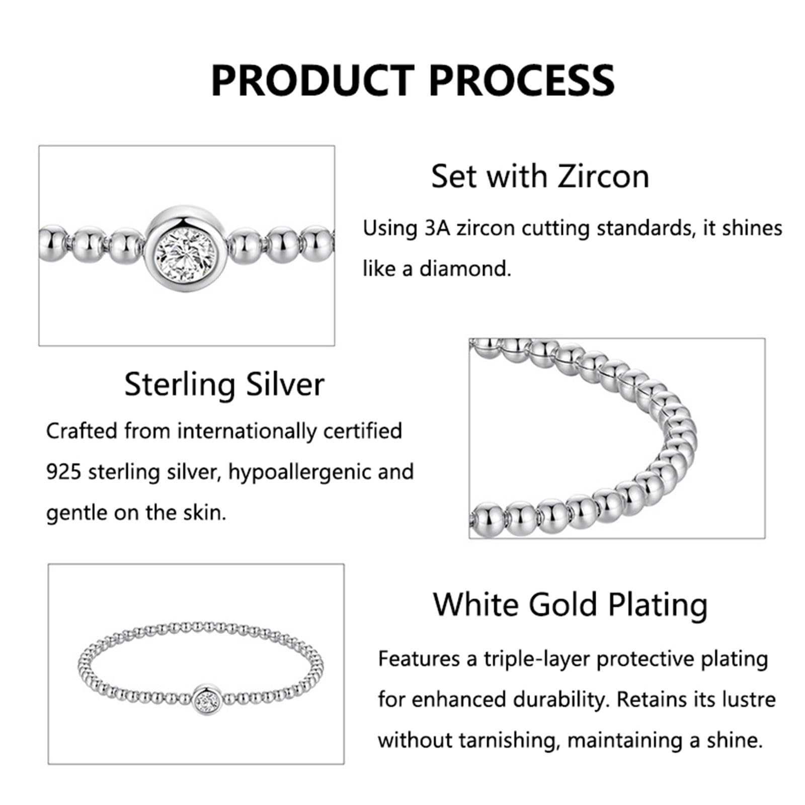 Bracciale Elasticizzato da Donna con Perline in Argento Sterling S925, Accento Zircone 3A, Design Minimalista e Versatile, Simbolo di Amore Eterno e Protezione