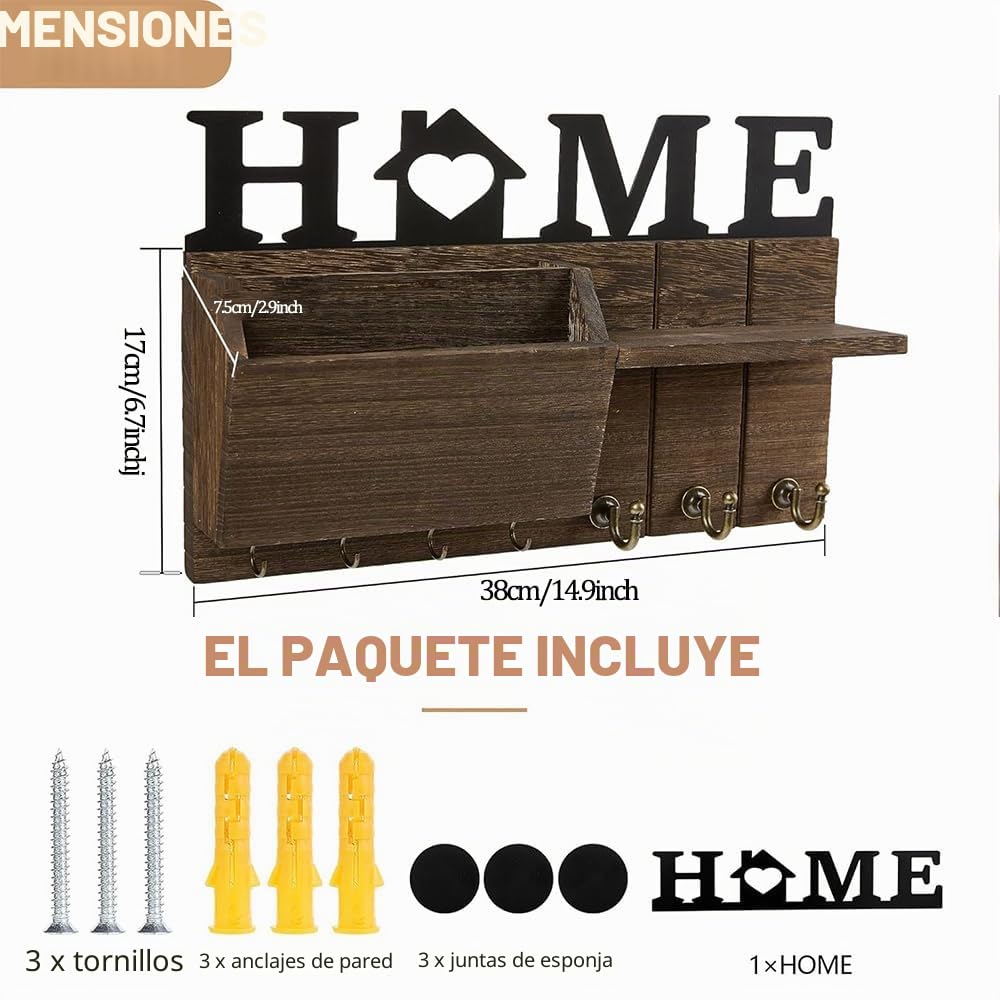 Llavero de Madera para Pared, Porta Llaves de Pared con Buzón, Organizador Llaves con 7 Ganchos para Llaves, Soporte para Llaves y Correo Para Entrada, Pasillo, Cocina, Marrón