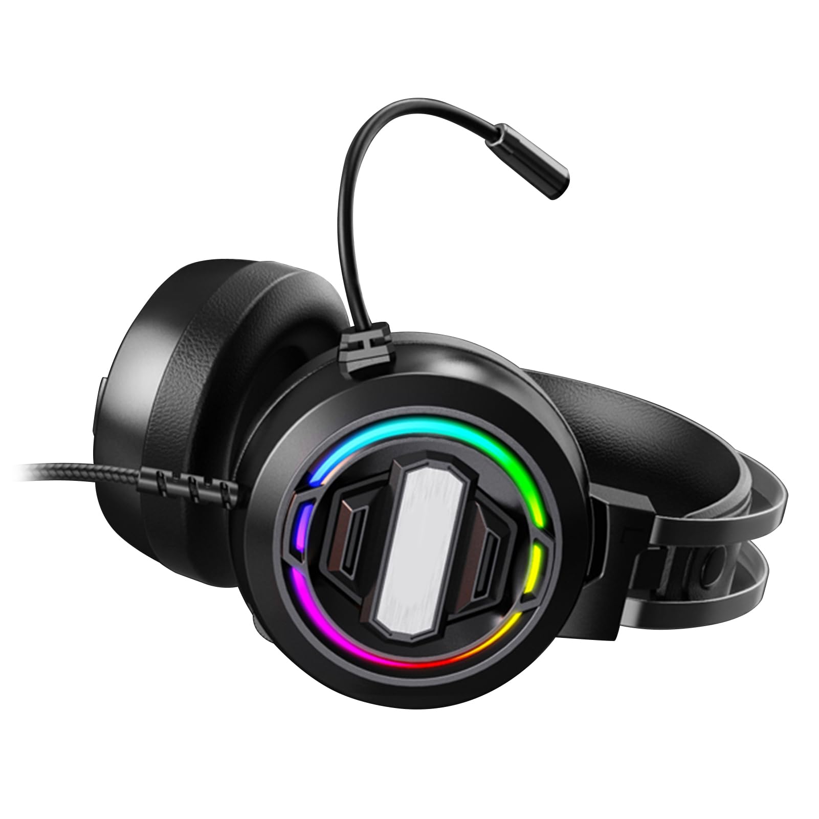 SENECESLI Kabelgebundenes Gaming-Headset, Surround-Sound-Kopfhörer mit Buntem LED-Licht, Mikrofon mit Geräuschunterdrückung für PC, Verstellbar – Ideal Zum Spielen, Arbeiten, Schwarz, 1 Stück