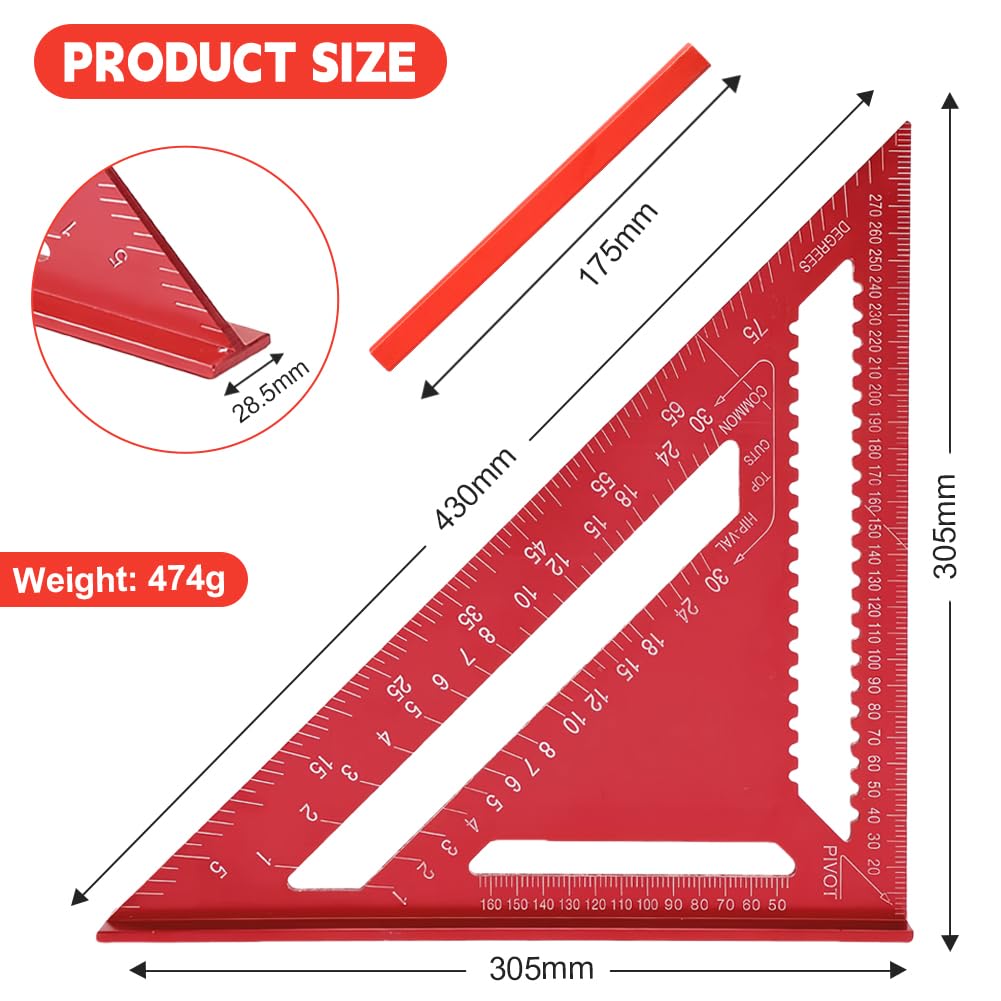 Flintronic Squadra da Falegname Metallo Combinata 12 Pollici Righello Triangolare Alluminio