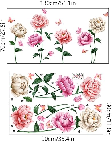 Miniatura 6 de Calcomanías de pared de flores rosadas, calcomanías de pared de mariposa de vinilo, murales de pared florales extraíbles, despegar y pegar,