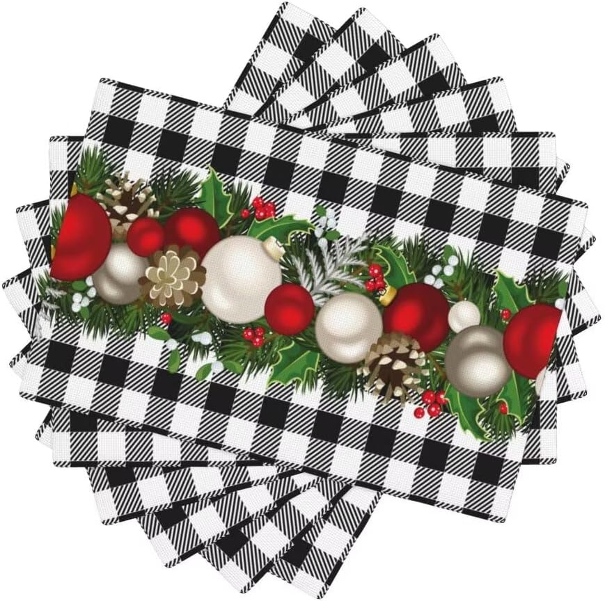 Christmas Placemats, Black and White Buffalo Check Plaid Seasonal Winter Xmas Balls Table Mats for Party Kitchen Dining Decoration, 12x18 Inch, 6PCS
