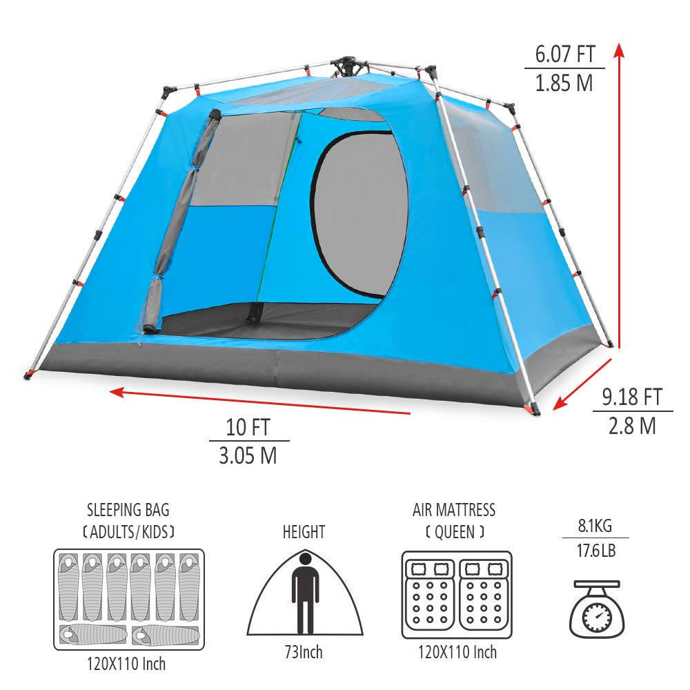 KAZOO Family Camping Tent Large Waterproof Pop Up Tents 4/6 Person Room