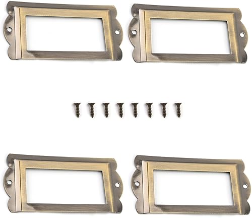 MroMax 4 marcos de etiquetas de metal, 3.346 x 1.654in, marco de etiquetas de bronce cepillado, portatarjetas con tornillos para oficina,