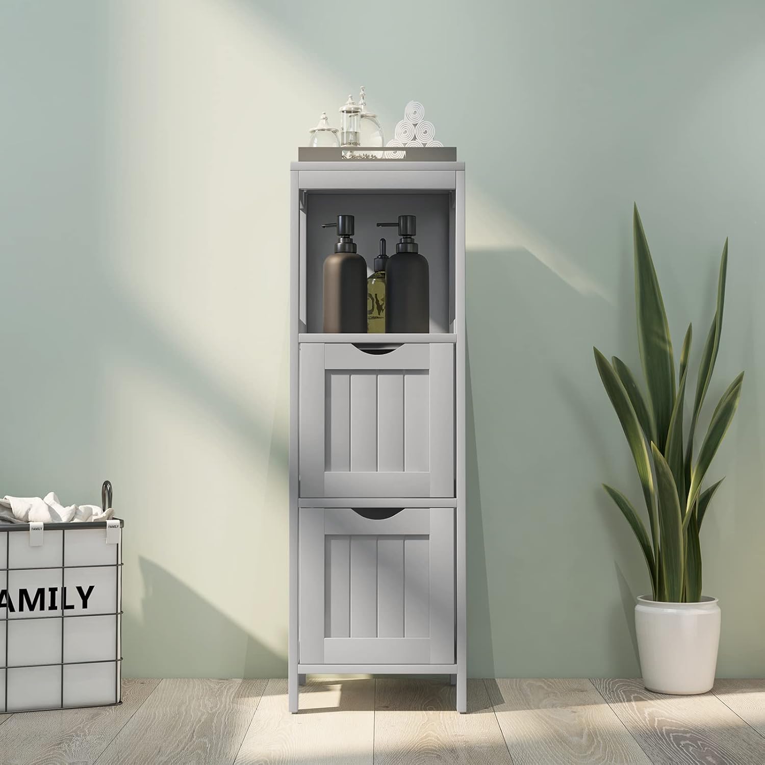 LOKO Bathroom Storage Cabinet, Narrow Freestanding Floor Cabinet with 2 Removable Drawers & 2 Shelves, 35” 4-Tier Tower Storage Organizer for Bathroom, Living Room, Entryway (Grey)