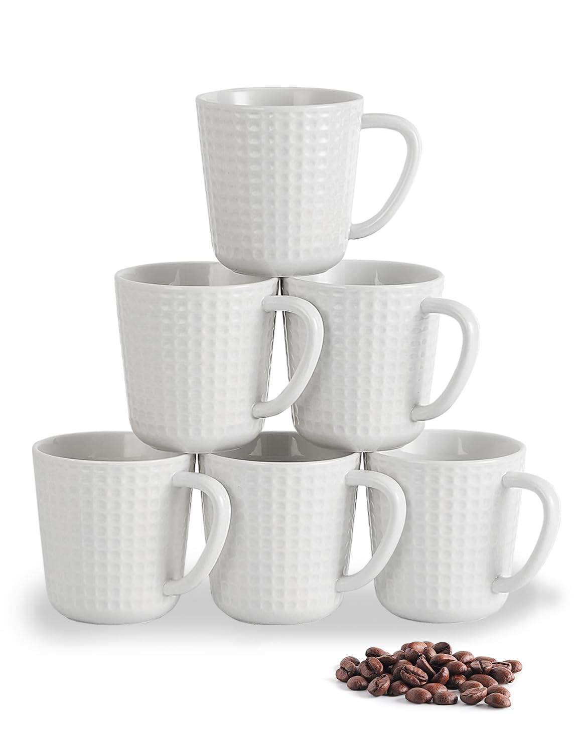 Ceramic Coffee Mugs 15 oz, Large Waffle Embossed Mug Set, Coffee Cups for Latte, Cappuccino, Cocoa, Hot Tea, Mocha, Milk, Housewarming Wedding Present, Microwave & Dishwasher Safe - Set of 6 (White)