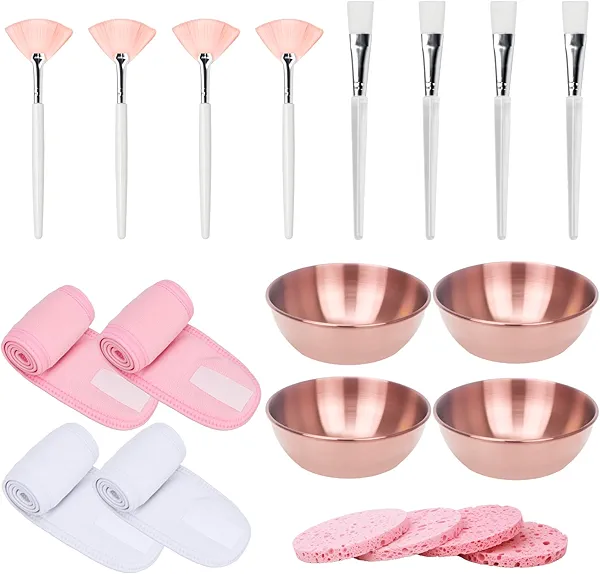 20Pcs Esthetician Facial Supplies Tools Set - Mask Applicator Tools, 4 Rose Gold Facial Bowls & 4 Facial Fan Mask Brushes & 4 Flat Brushes & 4 Sponges & 4 Headbands, Spa Party Favor, Mixing Facial Kit